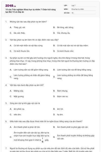 10 câu Trắc nghiệm Khoa học tự nhiên 7 Chân trời sáng tạo Bài 14 có đáp án