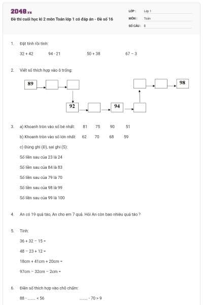 Đề thi cuối học kì 2 môn Toán lớp 1 có đáp án - Đề số 16