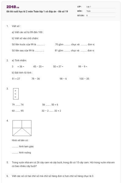 Đề thi cuối học kì 2 môn Toán lớp 1 có đáp án - Đề số 19