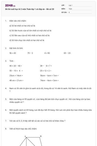 Đề thi cuối học kì 2 môn Toán lớp 1 có đáp án - Đề số 20
