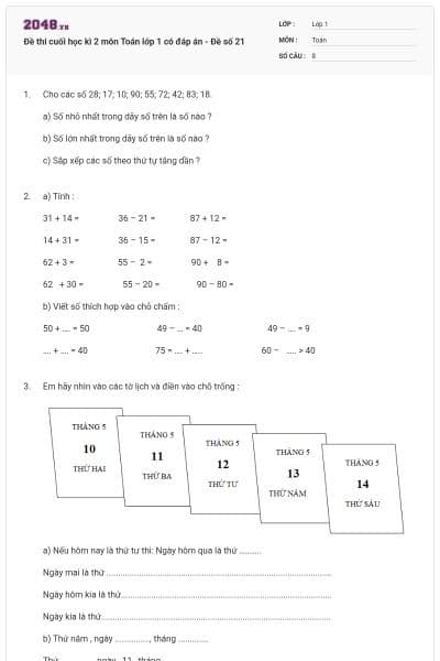Đề thi cuối học kì 2 môn Toán lớp 1 có đáp án - Đề số 21