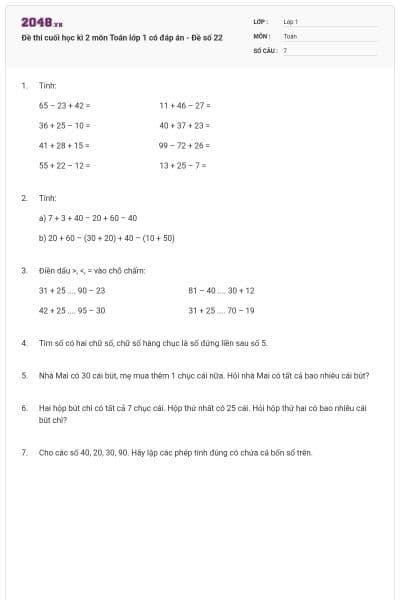 Đề thi cuối học kì 2 môn Toán lớp 1 có đáp án - Đề số 22