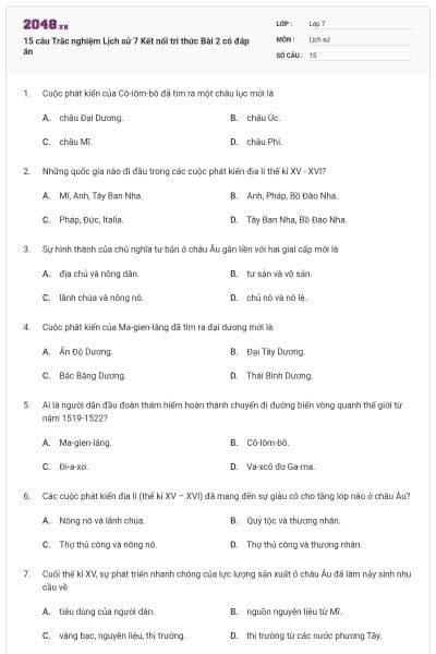 15 câu Trắc nghiệm Lịch sử 7 Kết nối tri thức Bài 2 có đáp án
