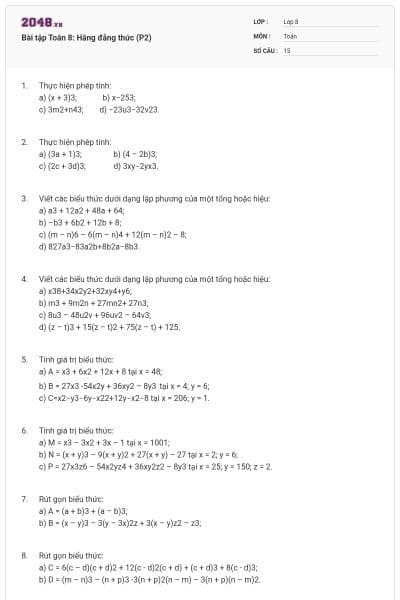 Bài tập Toán 8: Hằng đẳng thức (P2)