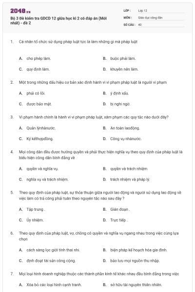 Bộ 3 Đề kiểm tra GDCD 12 giữa học kì 2 có đáp án (Mới nhất) - đề 2