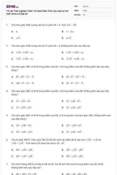 15 câu Trắc nghiệm Toán 10 Cánh Diều Tích của một số với một vectơ có đáp án
