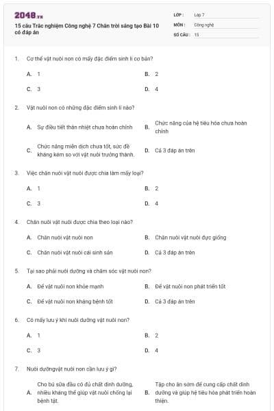 15 câu Trắc nghiệm Công nghệ 7 Chân trời sáng tạo Bài 10 có đáp án