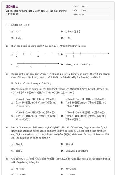 30 câu Trắc nghiệm Toán 7 Cánh diều Bài tập cuối chương 1 có đáp án