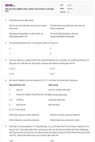 205 Câu trắc nghiệm Amin, Amino axit, Protein có lời giải (P2)