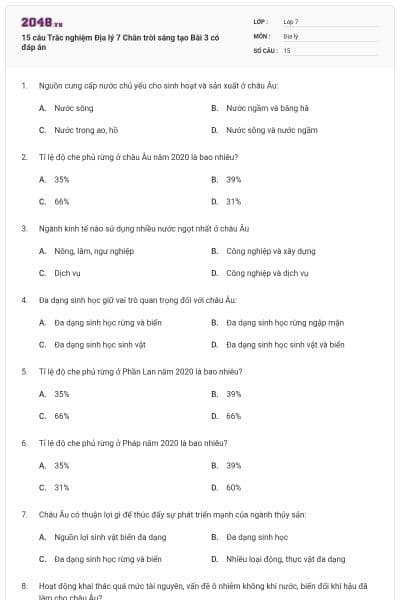 15 câu Trắc nghiệm Địa lý 7 Chân trời sáng tạo Bài 3 có đáp án