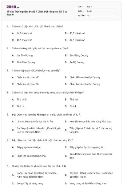 15 câu Trắc nghiệm Địa lý 7 Chân trời sáng tạo Bài 5 có đáp án