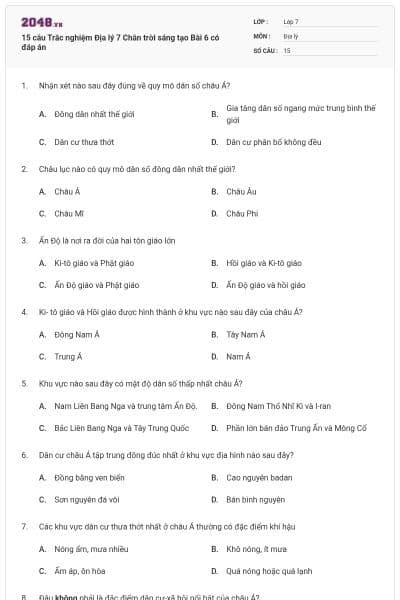 15 câu Trắc nghiệm Địa lý 7 Chân trời sáng tạo Bài 6 có đáp án