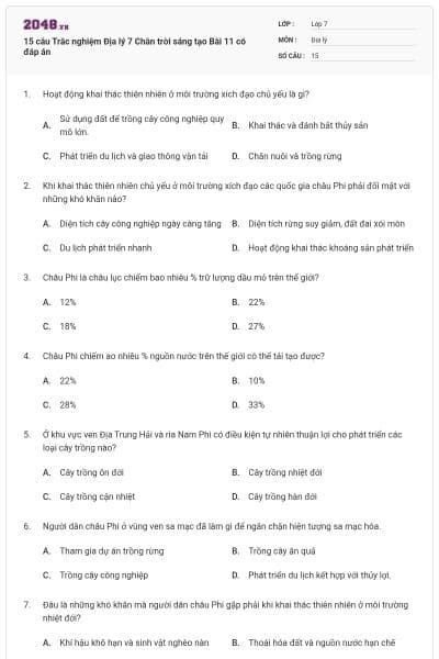 15 câu Trắc nghiệm Địa lý 7 Chân trời sáng tạo Bài 11 có đáp án