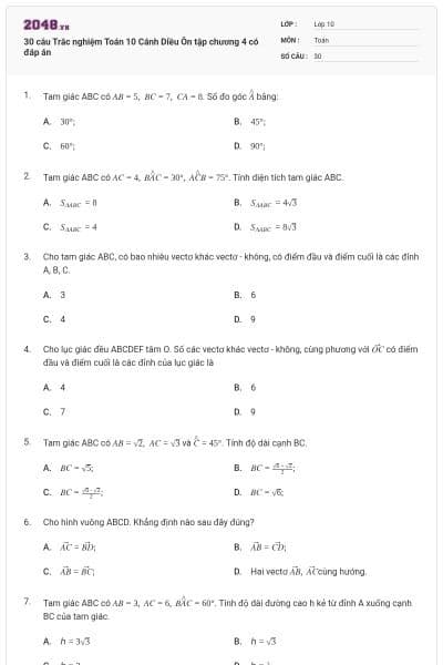 30 câu Trắc nghiệm Toán 10 Cánh Diều Ôn tập chương 4 có đáp án