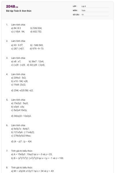 Bài tập Toán 8: Đơn thức