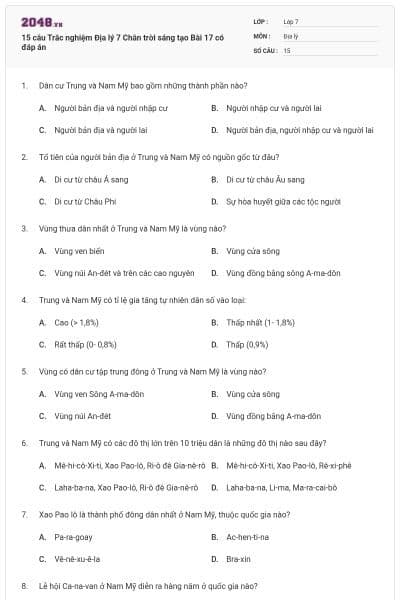 15 câu Trắc nghiệm Địa lý 7 Chân trời sáng tạo Bài 17 có đáp án