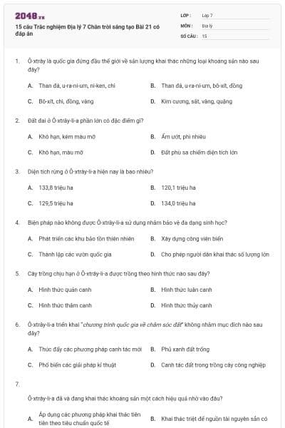 15 câu Trắc nghiệm Địa lý 7 Chân trời sáng tạo Bài 21 có đáp án