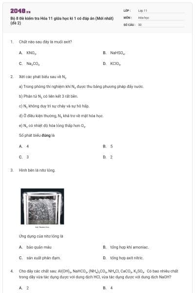 Bộ 8 Đề kiểm tra Hóa 11 giữa học kì 1 có đáp án (Mới nhất) (đề 2)
