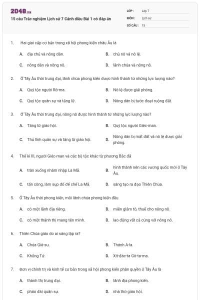 15 câu Trắc nghiệm Lịch sử 7 Cánh diều Bài 1 có đáp án