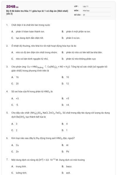 Bộ 8 Đề kiểm tra Hóa 11 giữa học kì 1 có đáp án (Mới nhất) (đề 3)