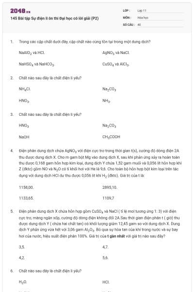 145 Bài tập Sự điện li ôn thi Đại học có lời giải (P2)