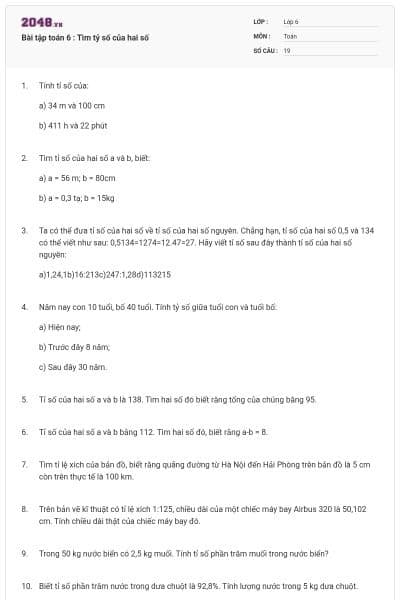 Bài tập toán 6 : Tìm tỷ số của hai số