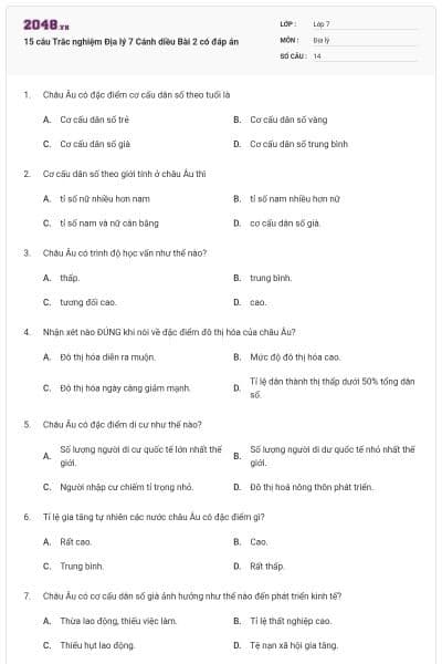 15 câu Trắc nghiệm Địa lý 7 Cánh diều Bài 2 có đáp án