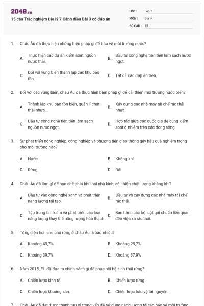 15 câu Trắc nghiệm Địa lý 7 Cánh diều Bài 3 có đáp án