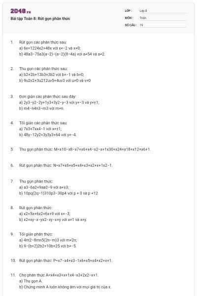 Bài tập Toán 8: Rút gọn phân thức