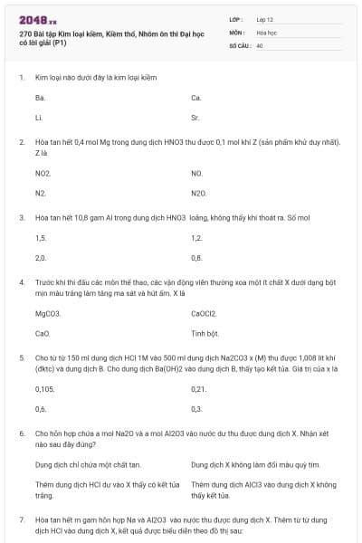 270 Bài tập Kim loại kiềm, Kiềm thổ, Nhôm ôn thi Đại học có lời giải (P1)