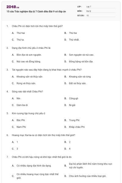 15 câu Trắc nghiệm Địa lý 7 Cánh diều Bài 9 có đáp án