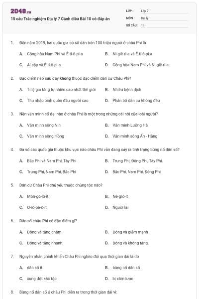 15 câu Trắc nghiệm Địa lý 7 Cánh diều Bài 10 có đáp án