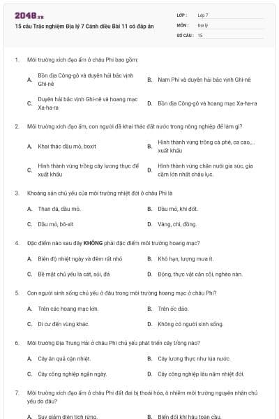 15 câu Trắc nghiệm Địa lý 7 Cánh diều Bài 11 có đáp án