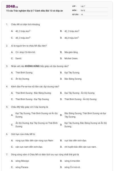 15 câu Trắc nghiệm Địa lý 7 Cánh diều Bài 13 có đáp án