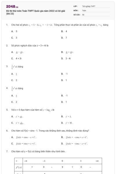 Đề thi thử môn Toán THPT Quốc gia năm 2022 có lời giải (Đề 23)