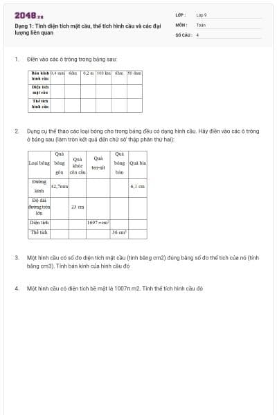 Dạng 1: Tính diện tích mặt cầu, thể tích hình cầu và các đại lượng liên quan