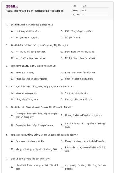 15 câu Trắc nghiệm Địa lý 7 Cánh diều Bài 14 có đáp án