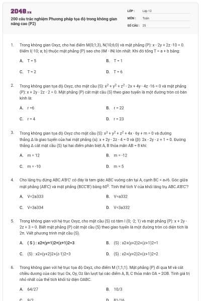 200 câu trắc nghiệm Phương pháp tọa độ trong không gian nâng cao (P2)