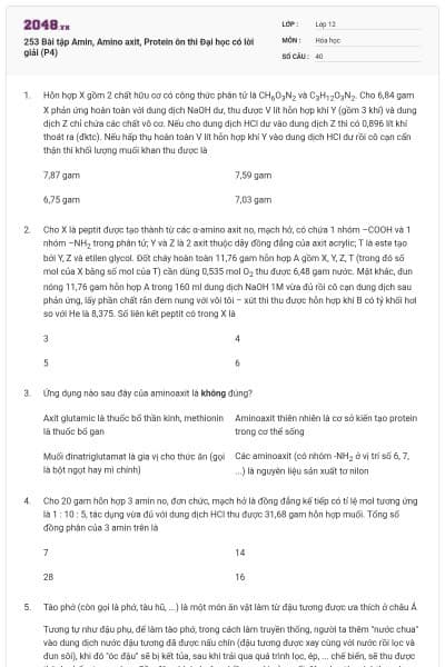 253 Bài tập Amin, Amino axit, Protein ôn thi Đại học có lời giải (P4)