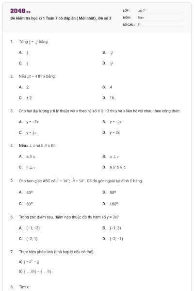 Đề kiểm tra học kì 1 Toán 7 có đáp án ( Mới nhất)_ Đề số 3