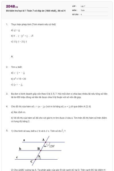 Đề kiểm tra học kì 1 Toán 7 có đáp án ( Mới nhất)_ Đề số 4