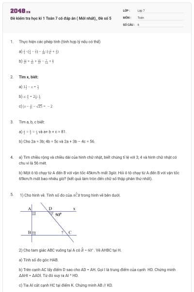 Đề kiểm tra học kì 1 Toán 7 có đáp án ( Mới nhất)_ Đề số 5