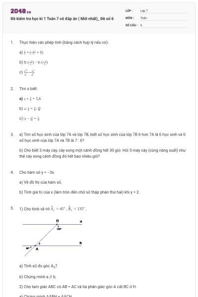 Đề kiểm tra học kì 1 Toán 7 có đáp án ( Mới nhất)_ Đề số 6