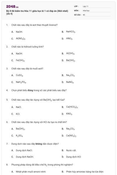 Bộ 8 Đề kiểm tra Hóa 11 giữa học kì 1 có đáp án (Mới nhất) (đề 4)