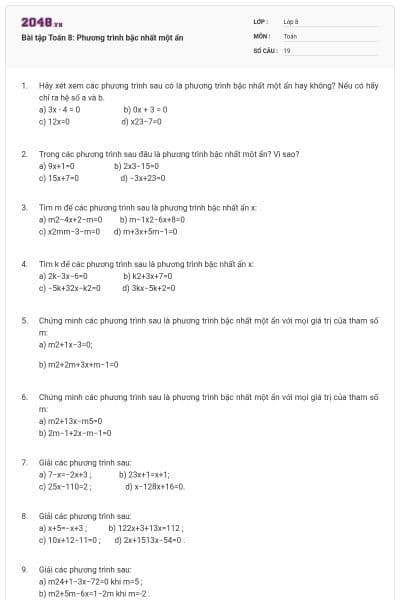 Bài tập Toán 8: Phương trình bậc nhất một ẩn