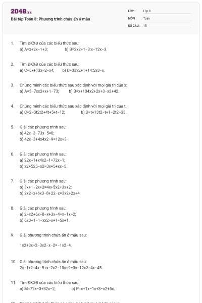 Bài tập Toán 8: Phương trình chứa ẩn ở mẫu