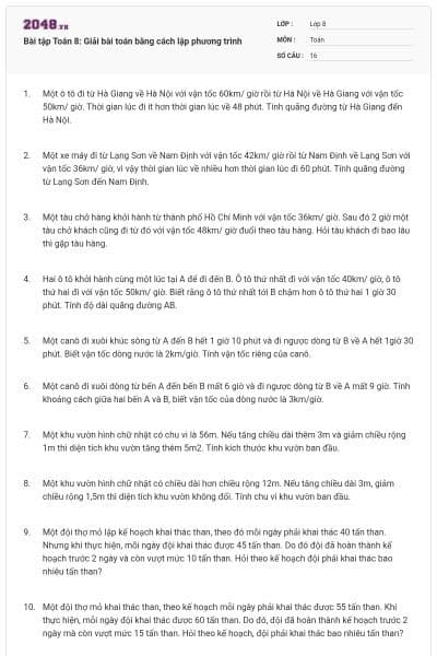 Bài tập Toán 8: Giải bài toán bằng cách lập phương trình