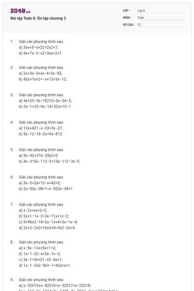 Bài tập Toán 8: Ôn tập chương 3