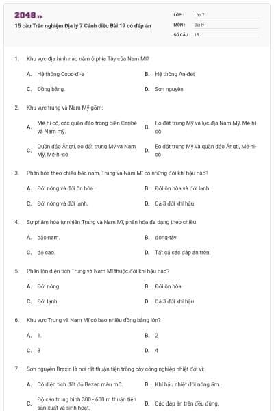 15 câu Trắc nghiệm Địa lý 7 Cánh diều Bài 17 có đáp án