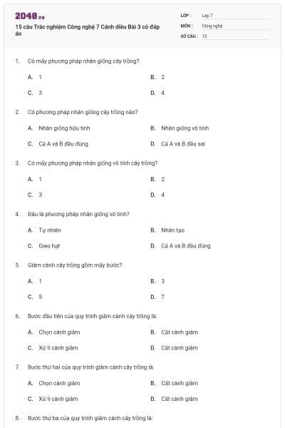 15 câu Trắc nghiệm Công nghệ 7 Cánh diều Bài 3 có đáp án